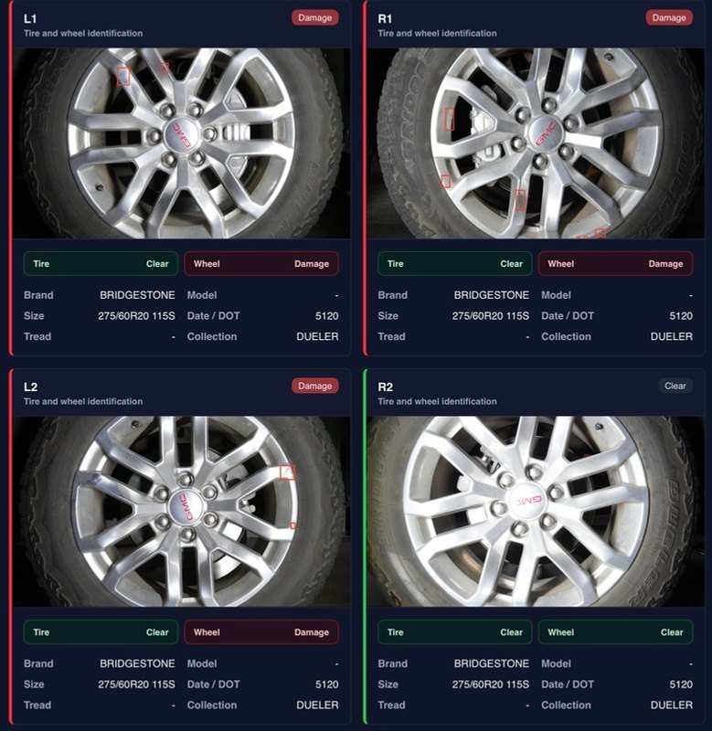 Wheel scanner results showing rim damage and tire identification